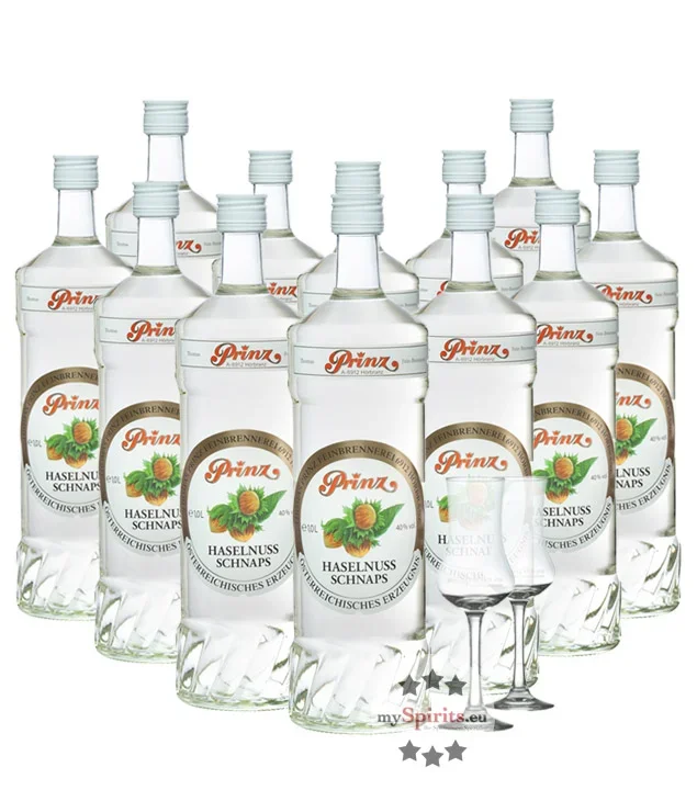12 x Prinz Haselnuss-Schnaps + 2 gratis Schnapskelche