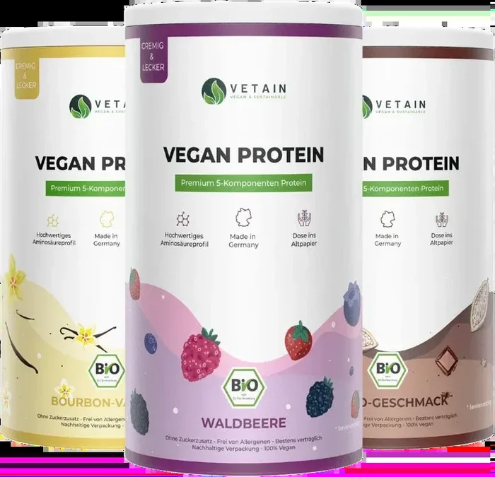 3er Bundle Vetain veganes Proteinpulver (1x Waldbeere + 1x Kakao + 1x Vanille)