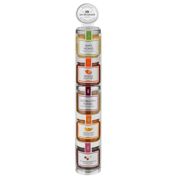 5er Turm Konfitüren & Honig -Miniatur-: Drei Konfitüren und zwei Honigsorten im Miniatur-Turm – die perfekte süße Kombination