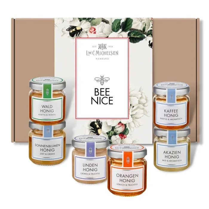 6er Set Honig – BEE Nice – Geschenk-Schachtel: Honigvielfalt für besondere Genussmomente