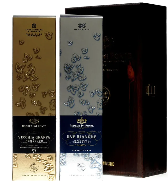 Andrea da Ponte Kassette mit Grappa di Prosecco 0,7l 42% und Uve Bianche 0,7l 38%