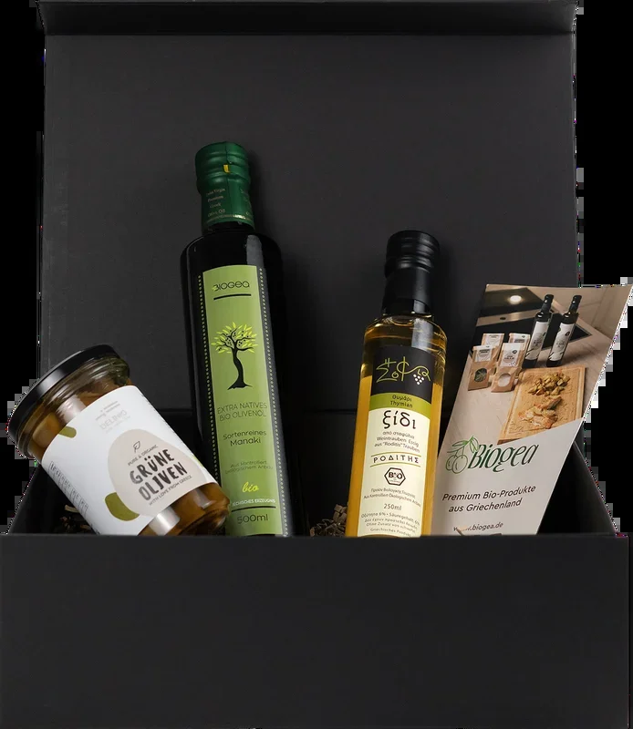 Biogea Geschenkkorb Greek Salad (1x Olivenöl + 1x Thymianessig + 1x Grüne Oliven)