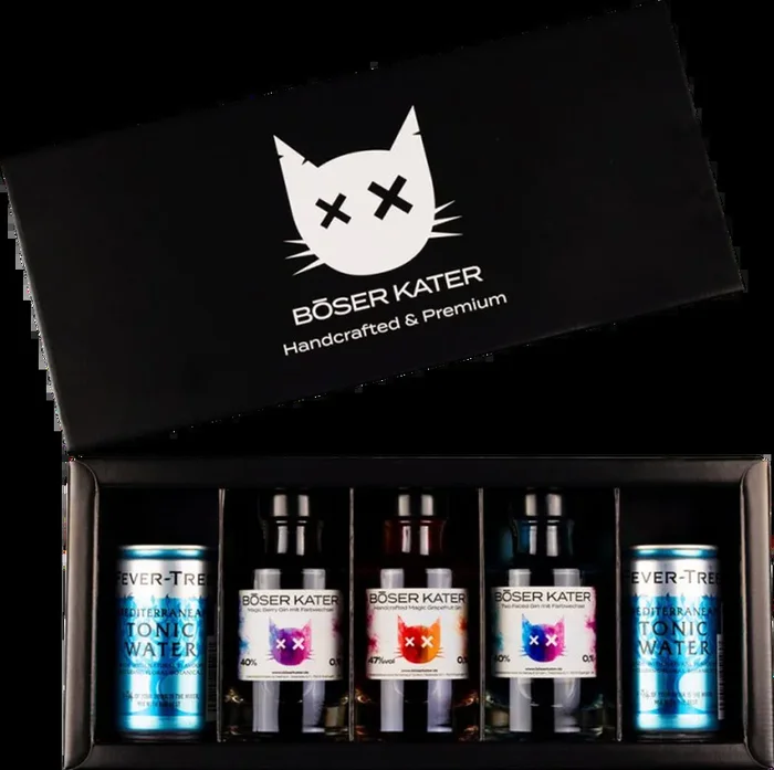 Böser Kater – 3er Color Change Gin Tasting Set Box (1x Magic Berry Gin + 1x Magic Grapefruit Gin + 1x Two Faced Gin + 2x Fever-Tree Mediterranian Tonic Water)