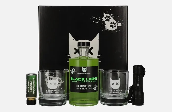 BÖSER KATER Black Light Neon Limetten Gin 40% Vol. 0,5l in Geschenkbox mit UV-Taschenlampe & Gläsern