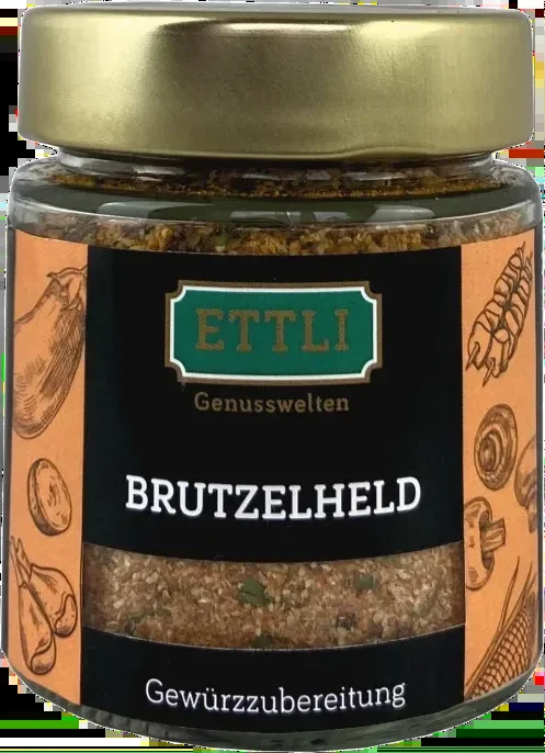Brutzelheld spice preparation in a screw-top jar