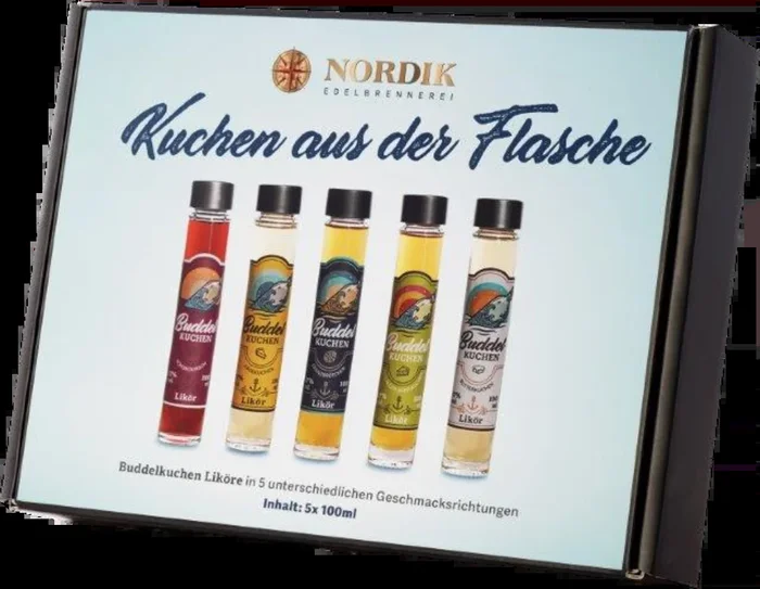 Buddelkuchen Probierpaket (1x Käsekuchen Likör + 1x Franzbrötchen Likör + 1x Apfelkuchen Likör + 1x Nussecken- Likör + 1x Schoko-Kirschkuchen Likör)