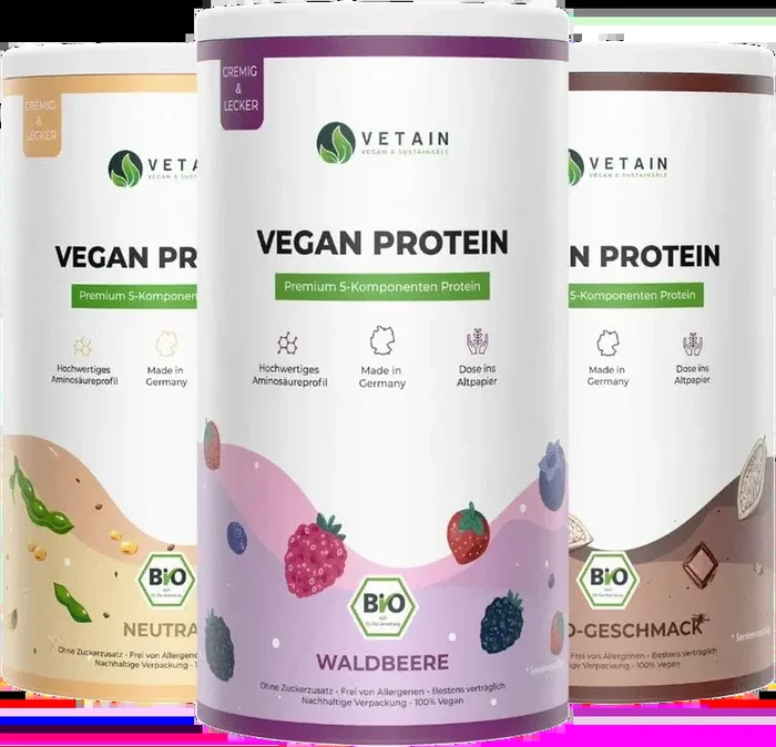 Bundle of 3 Vetain vegan protein powder (1x wild berry + 1x cocoa + 1x neutral)