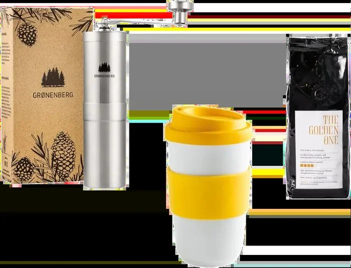 Coffee Love Set (1x Grønenberg Manuelle Kaffeemühle + 1x Espresso + 1x Trinkbecher mit Deckel)
