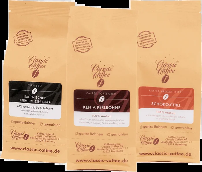 Kaffee Mix Probierpaket (Schoko-Chili + Kenia Perlbohne + Italienischer Premium Espresso)