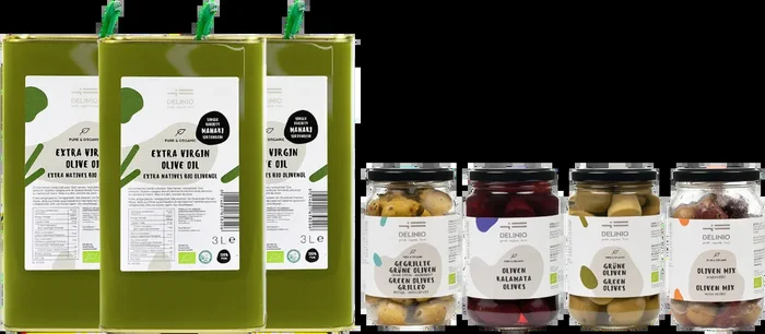 DELINIO Manaki Olivenöl Vorratspaket (3x Bio Olivenöl 3l + 4x Oliven GRATIS)