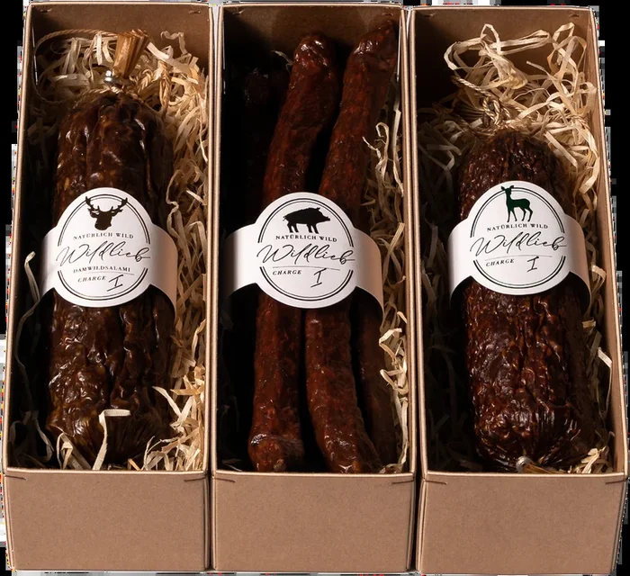 Die Wilden Drei Probierpaket (1x Damwild Salami + 1x Fenchel Reh Salami + 1x Wildschwein Knacker)