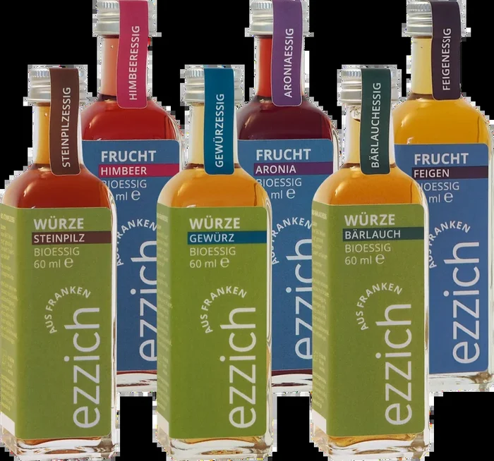 ezzich 6er Kistla – Vinegar tasting package (1x chokeberry vinegar + 1x raspberry vinegar + 1x fig vinegar + 1x wild garlic vinegar + 1x spice vinegar + 1x tomato vinegar)
