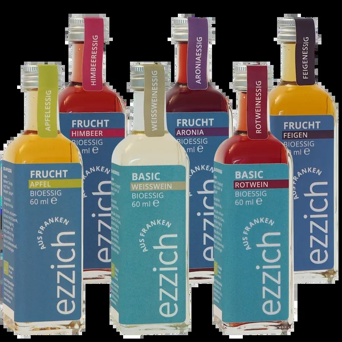 ezzich 6er Obst Kistla – Vinegar tasting package (1x chokeberry vinegar + 1x raspberry vinegar + 1x fig vinegar + 1x apple vinegar + 1x white wine vinegar + 1x red wine vinegar)