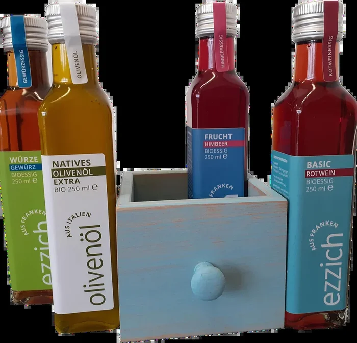 ezzich Schublade groß – Bio Essig Probierpaket (1x Himbeeressig + 1x Rotweinessig + 1x Gewürzessig + 1x Olivenöl)