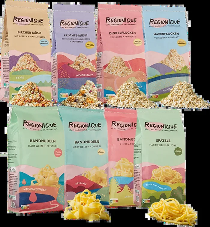 Genießer-Geschenke-Set (1x Bircher Müsli + 1x Früchte Müsli + 1x Dinkelflocken + 1x Haferflocken + 1x Spätzle + 3x Bandnudeln)