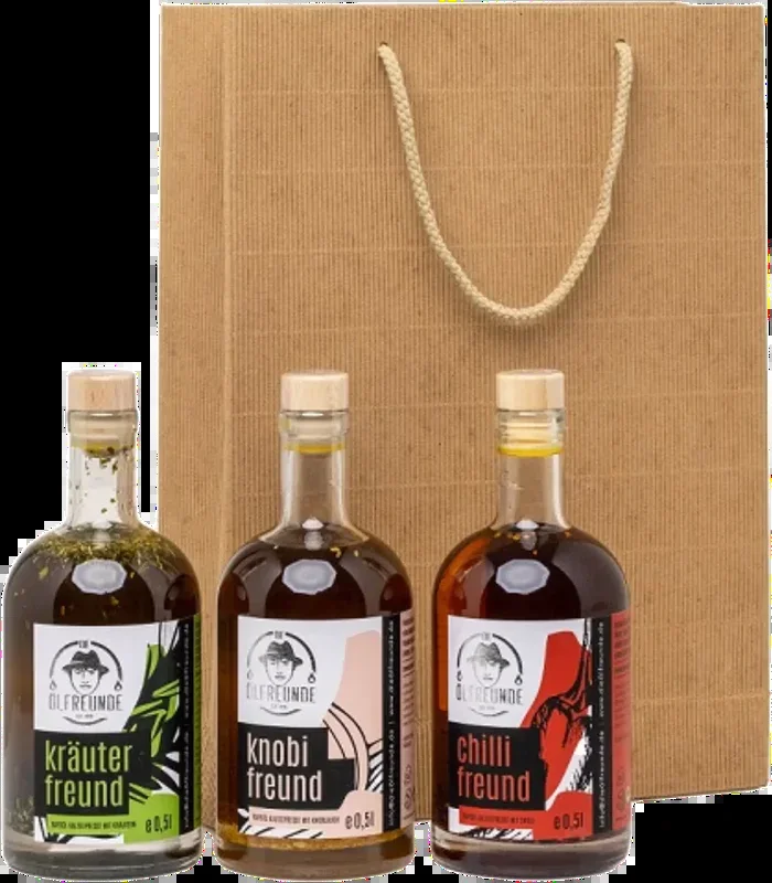 Geschenketüte Triple (1x Knoblauchöl + 1x Kräuteröl + 1x Chiliöl)