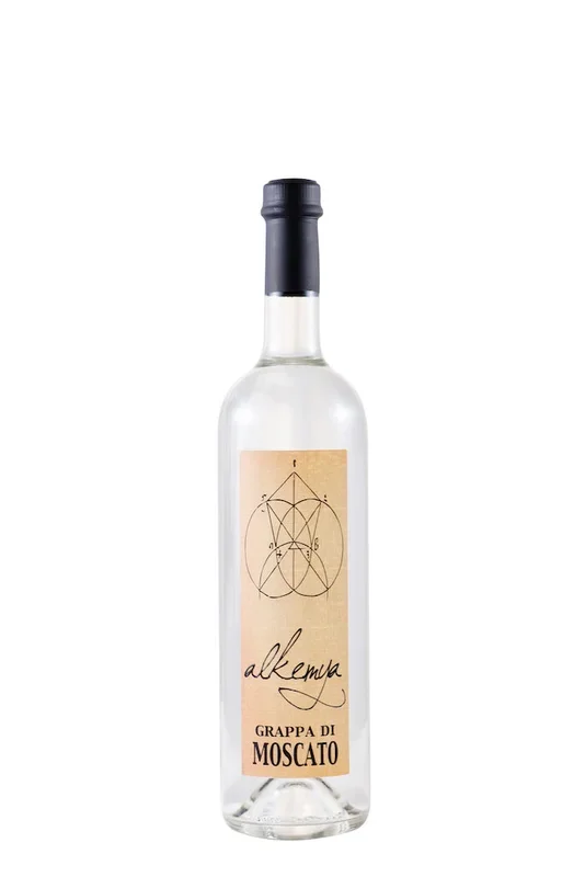 Grappa di Moscato weiß „Alkemya“ von Bordiga . 0,7 l, Alk. 38 % vol.