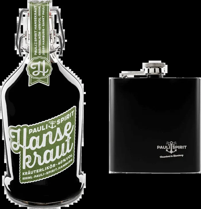 Hansekraut herbal liqueur + Pauli Spirit hip flask