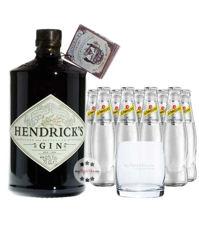 Hendrick’s Gin & 9 x Schweppes Dry Tonic Water & Glas