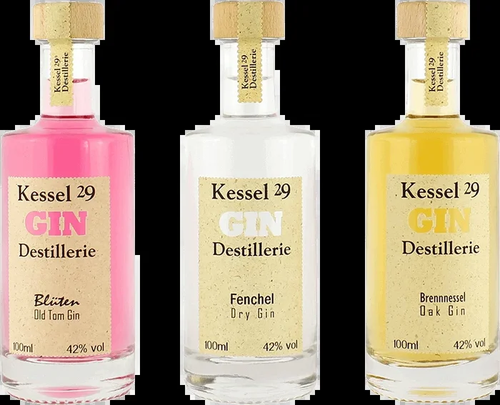 Kessel 29 Gin Set (Fenchel Dry Gin + Blüten Old Tom Gin + Brennnessel Oak Gin, 3x100ml)