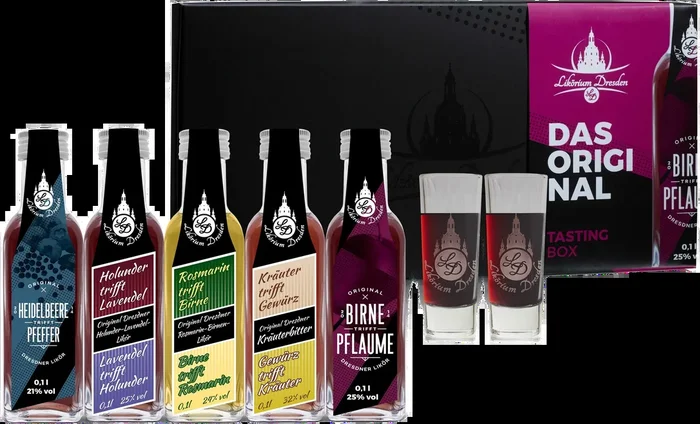 Liqueur TASTINGBOX (5x original Dresden liqueurs + 2x glasses)