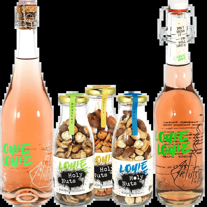 Louie Louie New Year’s Eve rosé package (6x rosé wine + 6x rosé sparkling wine + 6x Holy Nuts + 6 glasses)