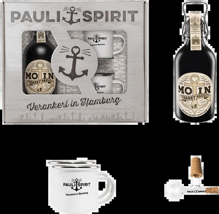 MOIN Rum (Spiced Spirit) gift set with 2 enamel mugs & pourer