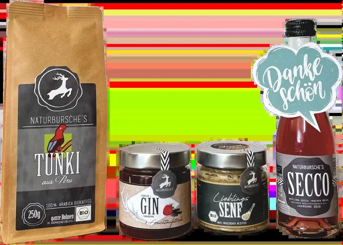 Naturbursche Gourmet Box „A little thank you“ (1x Rotling Secco + 1x favorite mustard + 1x gin spread + 1x Tunki coffee)