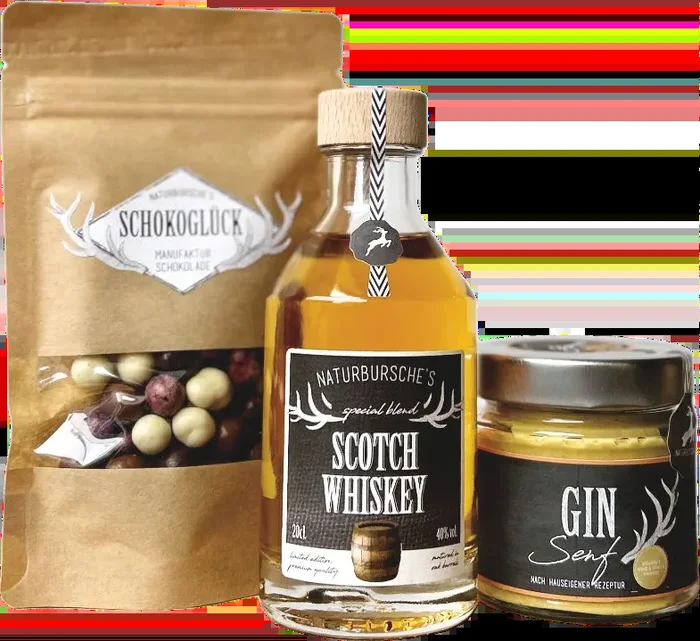 Naturbursche Whiskey Lover Box (1x Schokobeeren + 1x Scotch Whiskey + 1x Gin Senf)