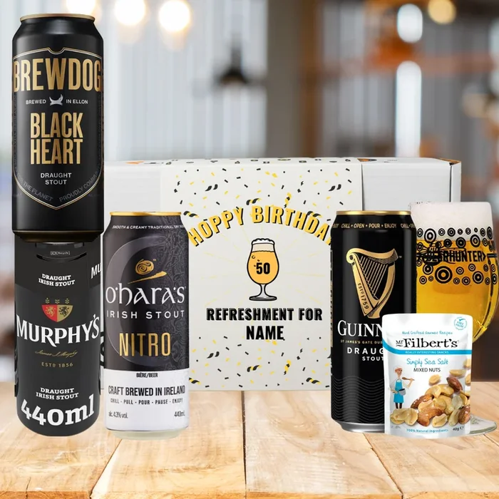 Personalised ‚Hoppy Birthday‘ Stout Beer 4 Can Gift Pack with Glass & Snack