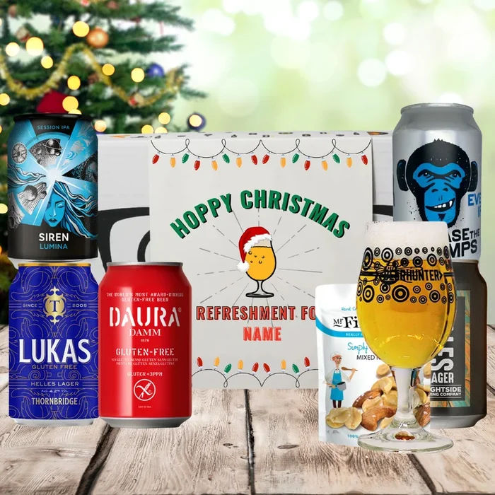Personalised ‚Hoppy Christmas‘ Gluten Free Beer 5 Can Gift Pack with Glass & Snack