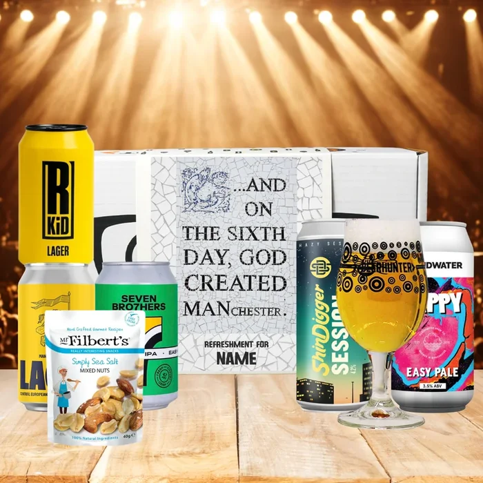 Personalised „On the Sixth Day God Created Manchester“ Craft Beer 5 Can Gift Set with Glass