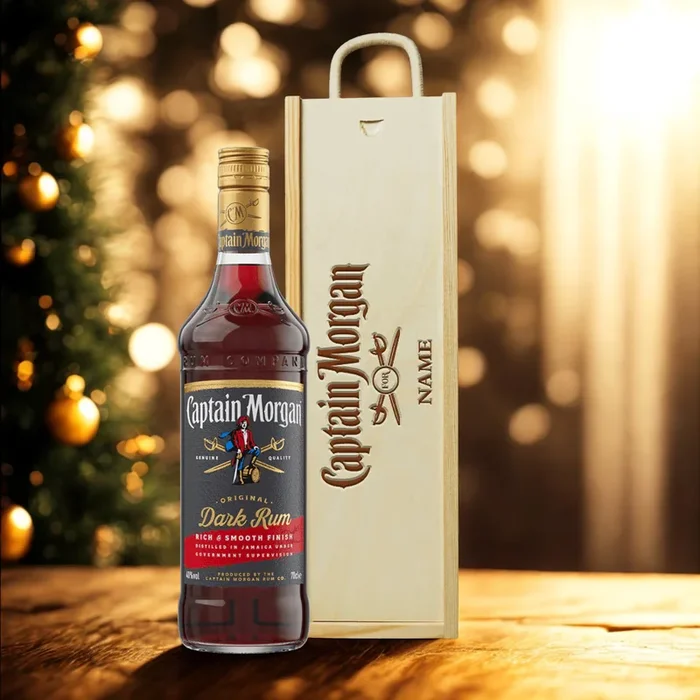 Personalised Captain Morgans Dark Rum Gift Set in Wooden Box – 70cl