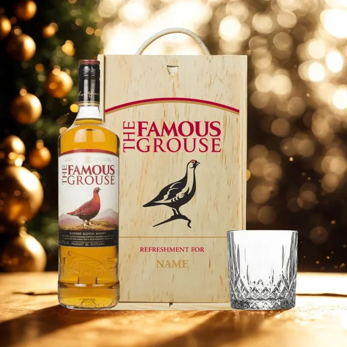 Personalised Famous Grouse Single Grain Whisky in Wooden Box with Glass 70CL (40% ABV)