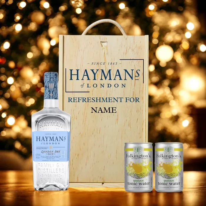 Personalised Hayman’s London Dry Gin with Folkington’s Tonics in Wooden Box Gift Set 70cl – (41.2% ABV)
