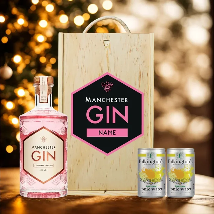 Personalised Manchester Gin Raspberry Infused Gift Set with Folkingtons Tonics 50cl – (40% ABV)