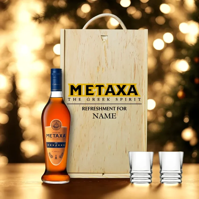 Personalised Metaxa 7 Stars Greek Spirit with Shot Glasses Gift Set – 70cl (40% ABV)
