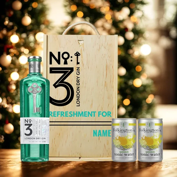 Personalised No.3 London Dry Gin with Folkington’s Tonics in Wooden Box Gift Set – 70CL (46% ABV)