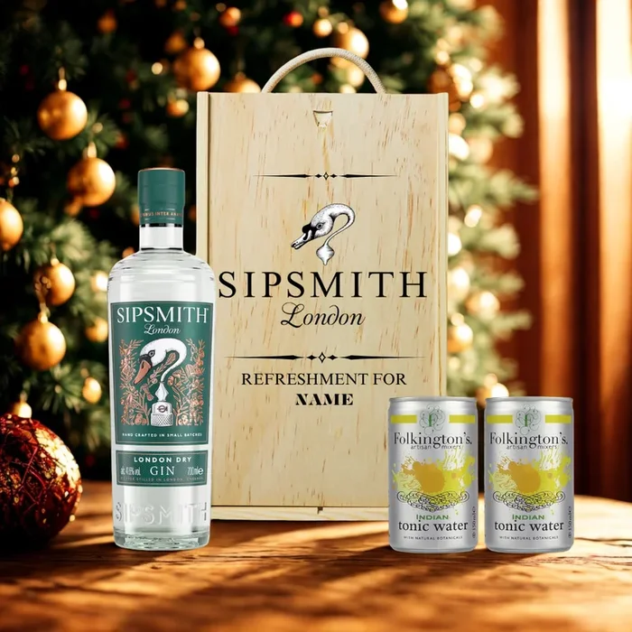 Personalised Sipsmith London Dry Gin & Folkington’s Tonic Gift Set in Wooden Box – 70cl (41.6% ABV)