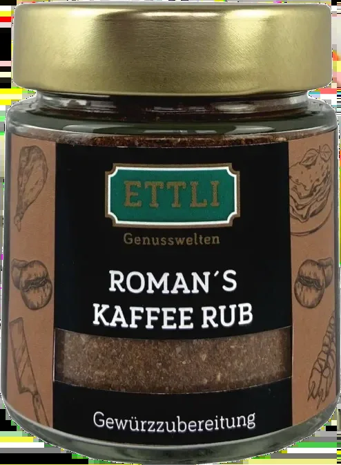 Roman’s coffee rub spice preparation in a screw-top jar