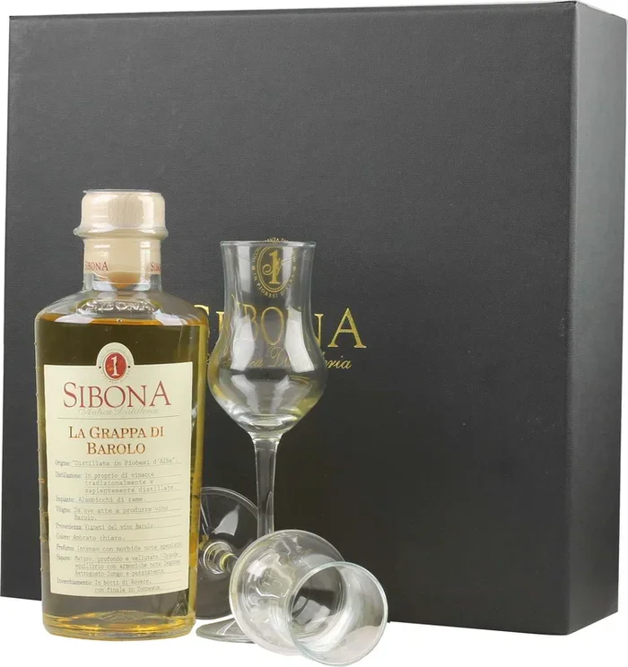 Sibona Grappa di Barolo Cassetto 0,5 Liter 40 % Vol. mit 2 Gl�sern