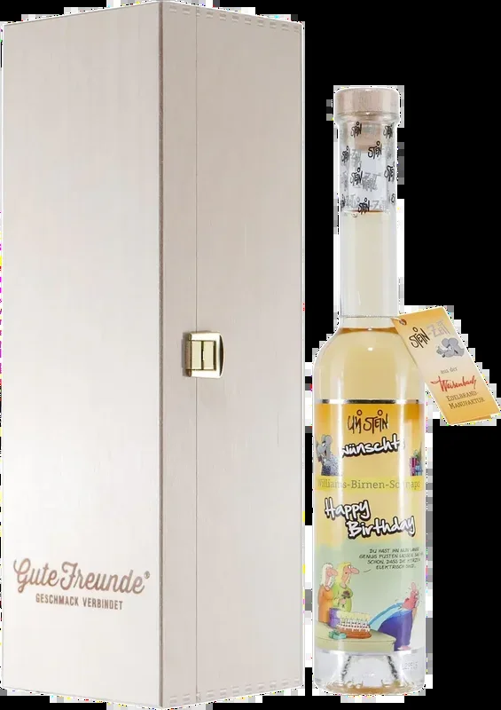 Stein-Zeit Happy Birthday pear schnapps with wooden gift box