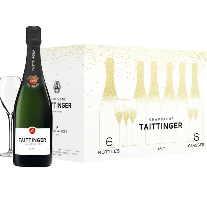 Taittinger Brut Réserve Kistenaktion 6 Flaschen + 6 Gläser