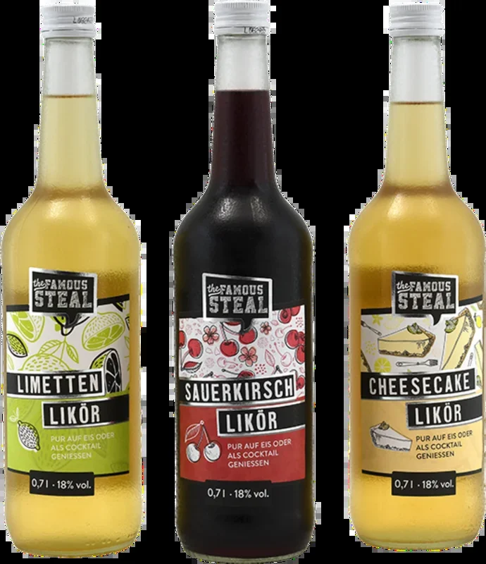 The Famous Steal 3 liqueur package (1x lime liqueur + 1x cheesecake liqueur + 1x sour cherry liqueur)