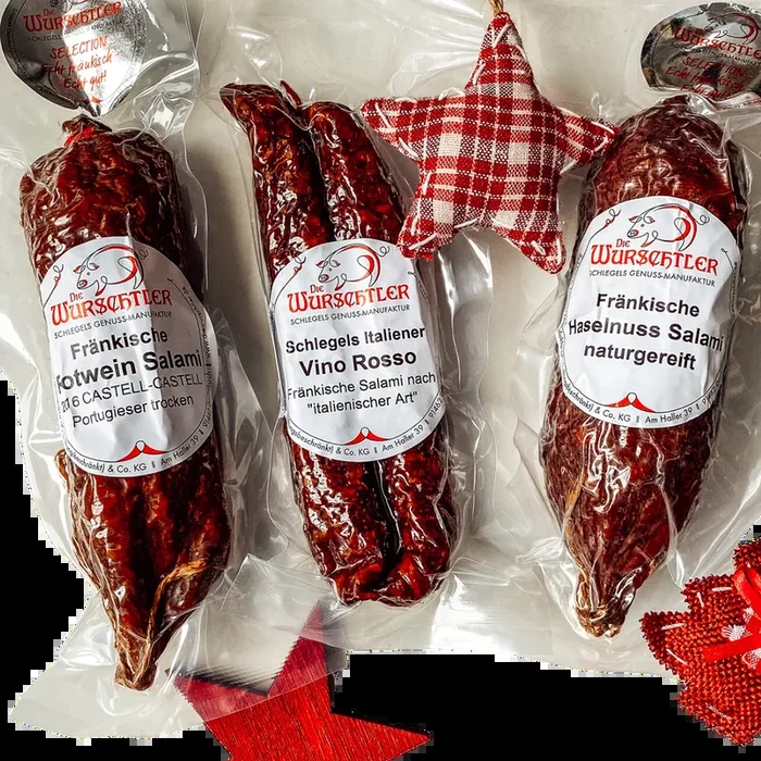 The Wurschtler Salami Connoisseur Trio (1x red wine salami + 1x finocchio salami + 1x hazelnut salami)