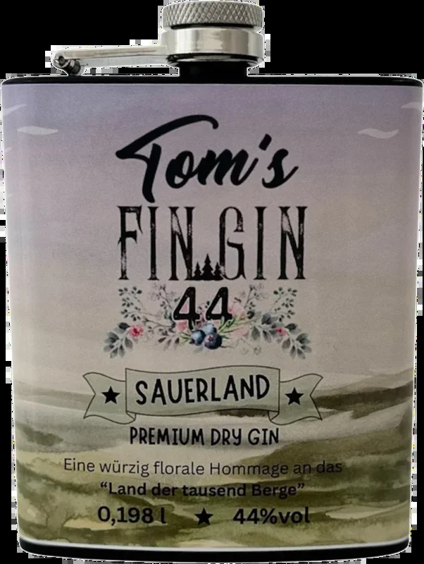 Tom’s Fin Gin 44 in a stainless steel hip flask – Dry Gin