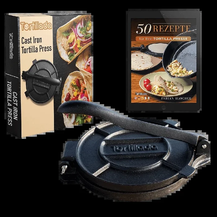 Tortilla Presse Tortillada 16 cm aus Gusseisen für selbstgemachte Tortillas + Rezept eBook