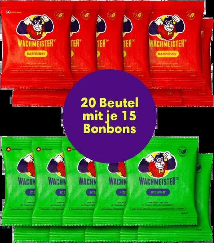 Wachmeister 20er Mix Paket (10x Raspberry Koffein Mate Bonbons + 10x Ice Mint Koffein Mate Bonbons)
