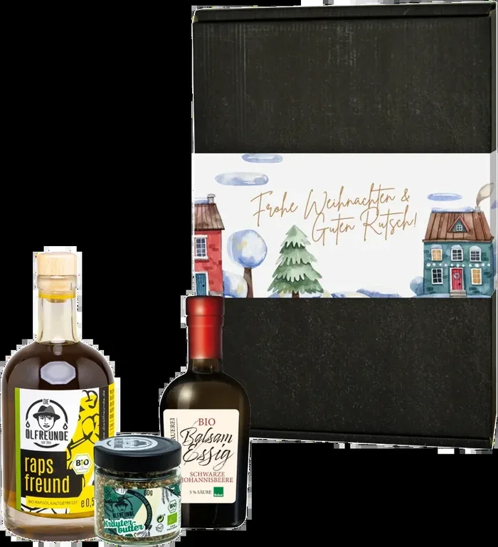 Weihnachtsbox Bio Dorfweihnacht (1x Bio Rapsöl + 1x Bio Balsamessig + 1x Gewürzmischung)