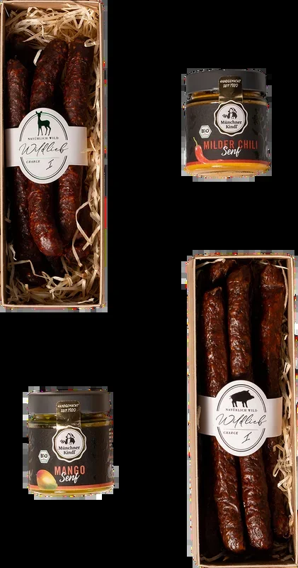 Wildlieb Set „Knackig“ (1x Wildschweinknacker + 1x Chili Reh Knacker + 1x Feigensenf + 1x Milder Chili Senf)